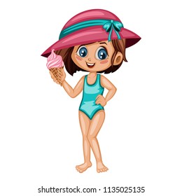 Cute Girl Character Eating Ice Cream Isolated on White Background. Cartoon Vector Young Kid in a Summer Swim Suit and Hat
