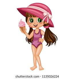 Cute Girl Character Eating Ice Cream Isolated on White Background. Cartoon Vector Young Kid in a Summer Swim Suit and Hat