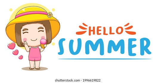 Cute girl character eating ice cream. Summer greeting banner