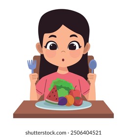 cute girl character eating vegan food isolated