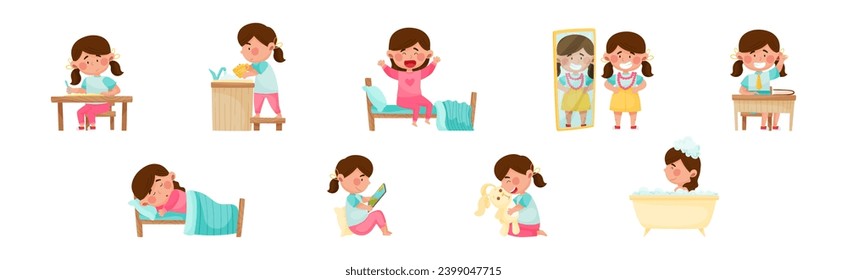 Cute Girl Character Engaged in Daily Routine and Different Activity Vector Set