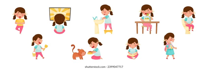 Cute Girl Character Engaged in Daily Routine and Different Activity Vector Set