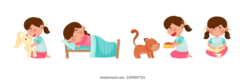 Cute Girl Character Engaged in Daily Routine and Different Activity Vector Set