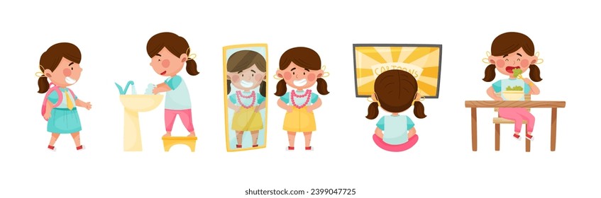 Cute Girl Character Engaged in Daily Routine and Different Activity Vector Set