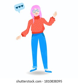 Cute girl character in flat style. Girl with pink hair wearing glasses. Secondary illustration for design, website, mobile application.