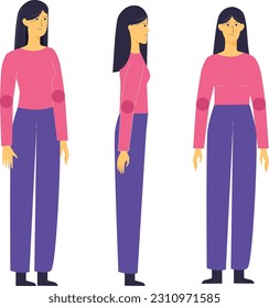 A cute girl character in formal costume illustration from different perspectives_views in flat vector design ready for animation