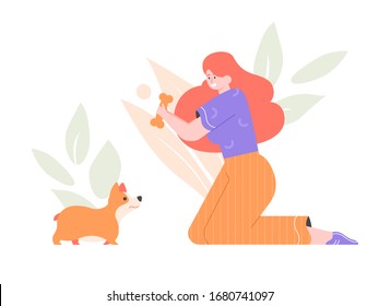 Cute girl character with a friendly little welsh corgi. Games and training. Adorable pet dog. Vector flat illustration.