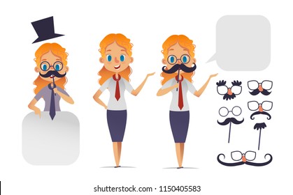 Cute girl character with glasses, various shape mustaches, and hat. Mustache constructor. Vector illustration. Isolated