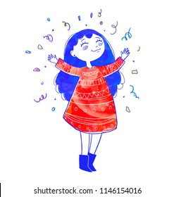 Cute girl character. Hand drawn Vector illustration. Happy New Year 2019, greeting card, birthday and other holidays