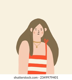 Cute girl character in hand drawn style in red tshirt. Cute female portrait on light background