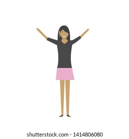 Cute girl character with hands up. Business woman, Success concept Vector illustration