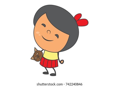 Cute Girl Character happily holding a teddy in hand. Vector Illustration. Isolated on white background.