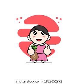 Cute girl character holding a bag of money. Mascot design concept