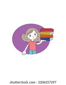 Cute girl character holding books clip art vector isolated on white background. Perfect for coloring book, textiles, icon, web, painting, children's books, t-shirt print.
