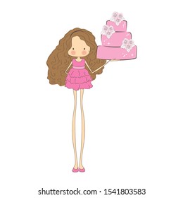 cute girl character holding cake, vector illustration 