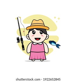 Cute girl character holding a fishing rod. Mascot design concept