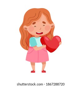 Cute Girl Character Holding Love Heart Vector Illustration