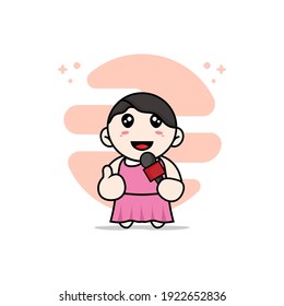 Cute girl character holding a microphone. Mascot design concept