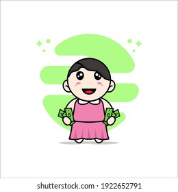 Cute girl character holding a money. Mascot design concept