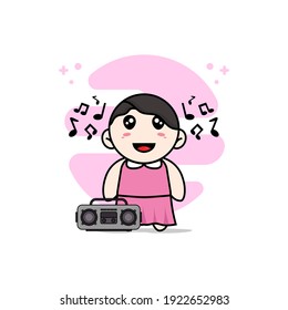 Cute girl character holding radio. Mascot design concept