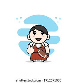 Cute girl character holding a rugby ball. Mascot design concept