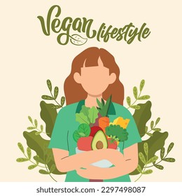 Cute girl character holding vegetables Vegan lifestyle Vector