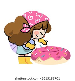 Cute Girl Character Joyfully Adding Sprinkles to a Donut