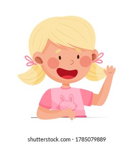 Cute Girl Character with Open Mouth Sitting at Table or School Desk and Speaking Vector Illustration