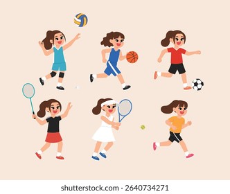 cute girl character play volleyball, basketball, soccer, football, futsal, badminton, tennis, run, racing, sport day cartoon, game day, happy kid character doing sport competition illustration