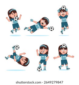 Cute Girl Character Playing Football with different pose