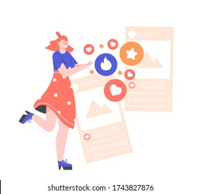 Cute girl character, posts and likes. Influence marketing, blogger and social networks. Vector flat illustration. 