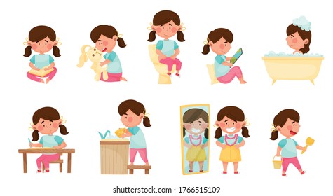 Cute Girl Character Reading Book and Bathing Vector Illustrations Set