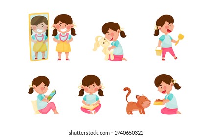 Cute Girl Character Reading Book, Feeding Cat and Playing with Toy Fluffy Hare Vector Set