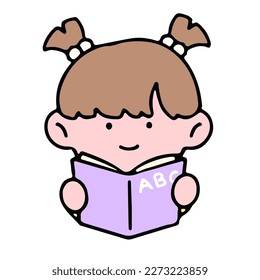 A cute girl character, reading a book, studying and doing homework, isolated on a background, for a back-to-school concept.