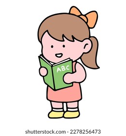 A cute girl character, reading a book, studying and doing homework, isolated on a background, for a back-to-school concept.