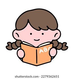 A cute girl character, reading a book, studying and doing homework, isolated on a background, for a back-to-school concept.