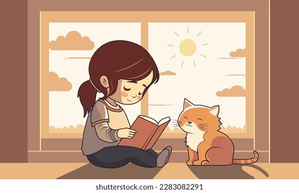 Cute Girl Character Reading A Book With Adorable Cat Sitting Together On Sunlight Through Window Background.