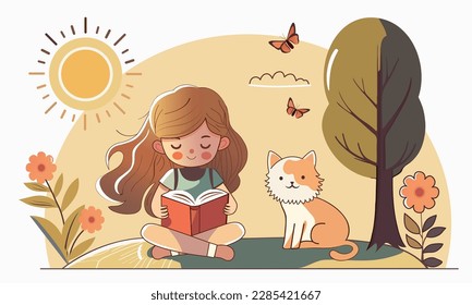 Cute Girl Character Reading Book With Cartoon Cat Sitting, Butterflies On Sun Nature Background.