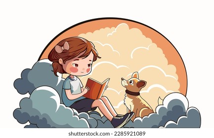 Cute Girl Character Reading Book Near Cartoon Dog Sitting On Clouds Background.