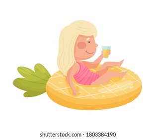 Cute Girl Character Rested in Rubber Swimming Ring and Drinking Juice Vector Illustration