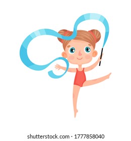 Cute Girl Character with Ribbon Doing Gymnastics Vector Illustration