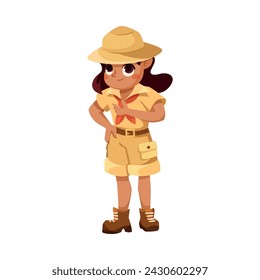 Cute Girl Character in Safari Outfit Standing and Smiling Vector Illustration