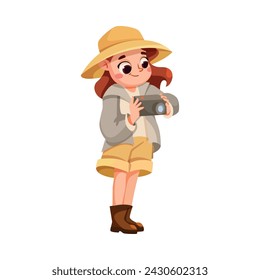 Cute Girl Character in Safari Outfit Standing with Camera Vector Illustration