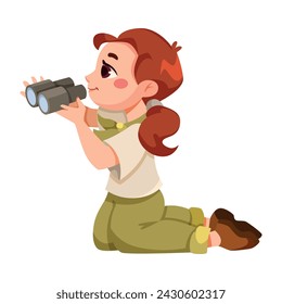 Cute Girl Character in Safari Outfit Look in Binoculars Vector Illustration
