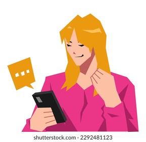 cute girl character sending and having message or chatting on smartphone. isolated on white background. technology concept, social media. cartoon flat vector illustration.