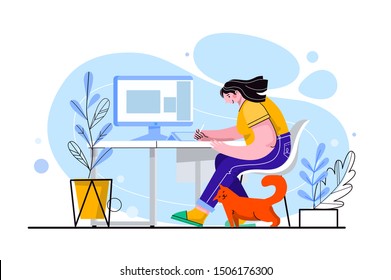 Cute Girl Character Sitting At The Desk. She Works At The Computer, A Red Cat Is Near. Female Freelancer, Student, Surf The Internet. Vector Illustration.