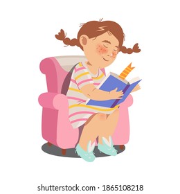 Cute Girl Character Sitting on Armchair with Open Book and Reading Vector Illustration
