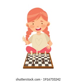 Cute Girl Character Sitting and Playing Chess Vector Illustration