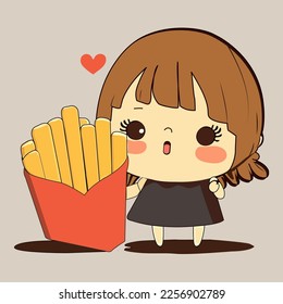 Cute Girl Character Standing With French Fries Box On Gray Background.