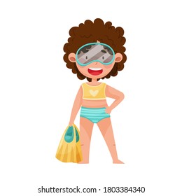 Cute Girl Character Standing in Swimsuit and Goggles Vector Illustration